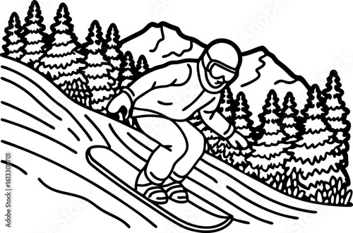Winter snowboarder gliding down mountain slope, forest and snowy peak background, adventure outdoor extreme sport