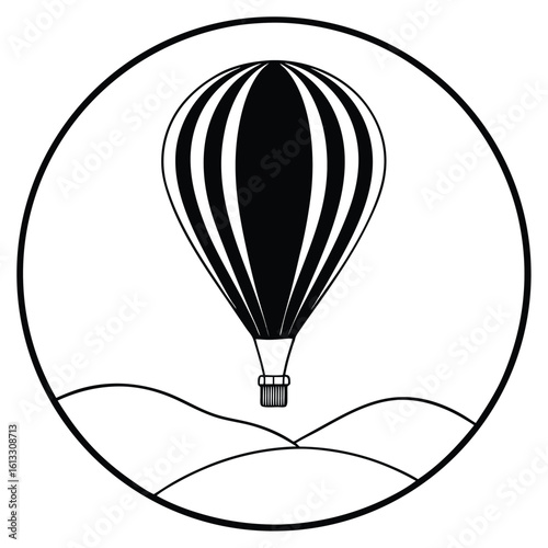 Black and white hot air balloon over rolling hills icon