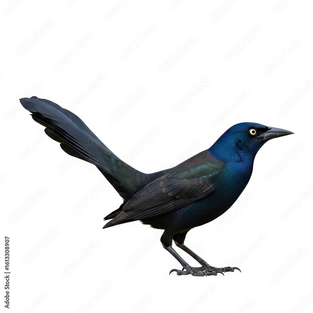 Obraz premium Common Grackle with Iridescent Black Plumage Perched on Branch