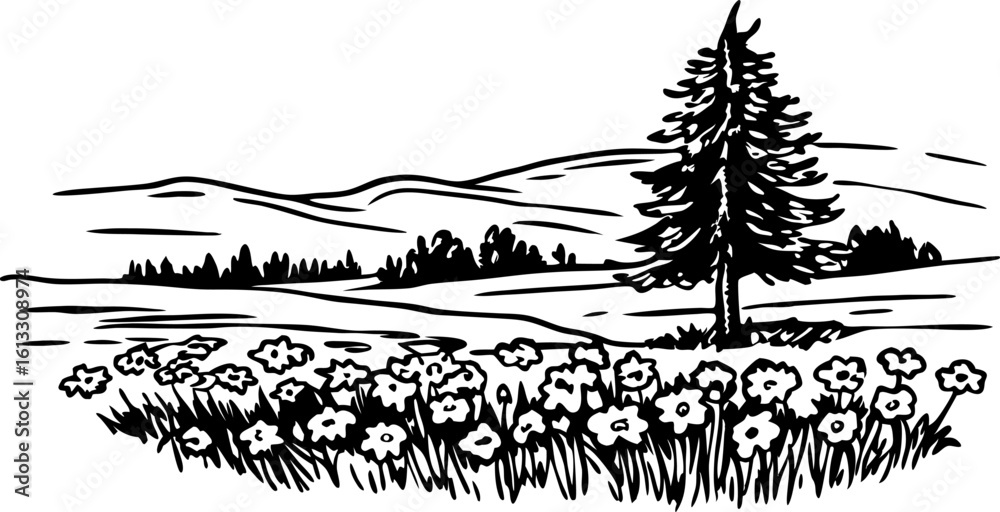 Fototapeta premium Wildflower meadow with lone pine tree and rolling hills serene landscape, tranquil nature scenery illustration