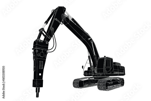 Black and White Illustration of a Hydraulic Breaker Excavator