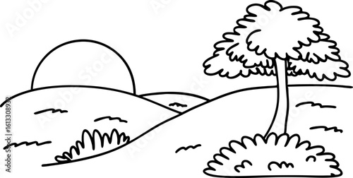 Simple landscape sunrise scene outline tree with bush, rolling hills and sun in minimalist black line art