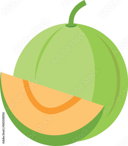 Vector art of a refreshing cantaloupe, with a slice cut, isolated on white background, offers a taste of summer sweetness