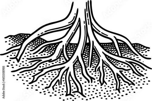 Tree roots underground illustration hand drawn root system, nature growth, botanical symbol,  graphic