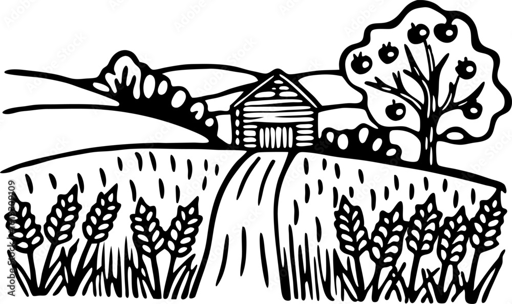 Fototapeta premium Rustic barn in countryside landscape with wheat field and fruit tree, rural agriculture and farm scenery