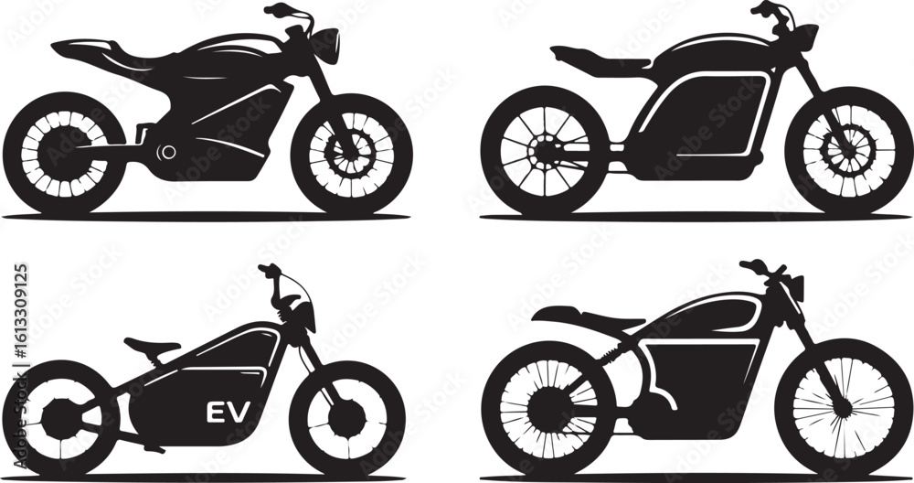 Naklejka premium Four electric motorcycles in silhouette black and white