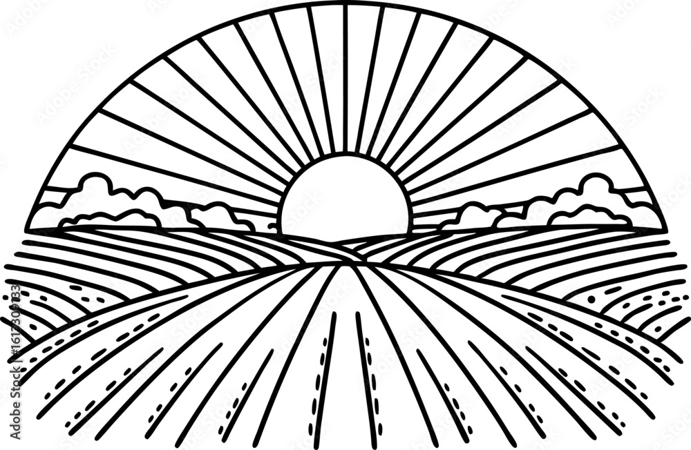 Obraz premium Sunrise above rural farmland with linear fields, clouds and rays, black and white graphic illustration