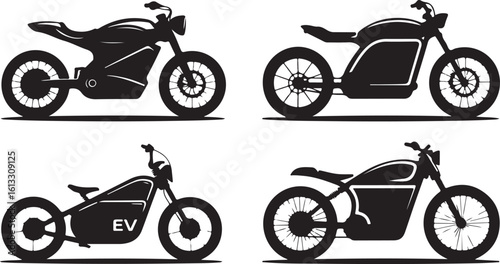 Four electric motorcycles in silhouette black and white