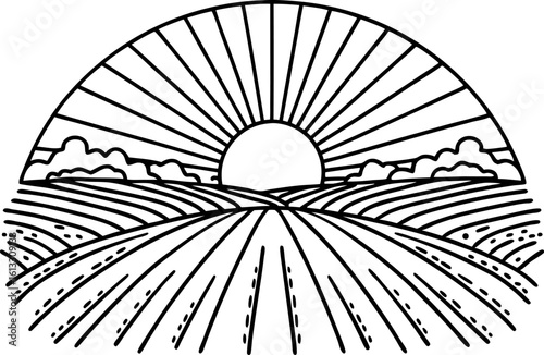Sunrise above rural farmland with linear fields, clouds and rays, black and white graphic illustration