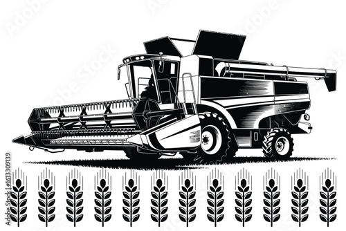 Combine Harvester and Wheat Stalks in Black and White Illustration