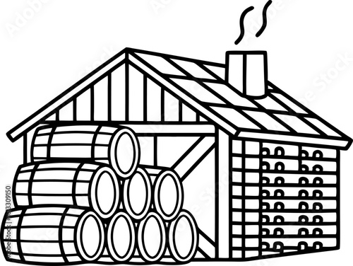 Traditional wooden warehouse storing stacked barrels and bottles outline illustration of vintage beverage aging facility