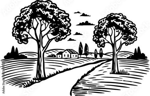 Countryside landscape with trees and village houses rural road, agricultural field, natural scenic beauty illustration