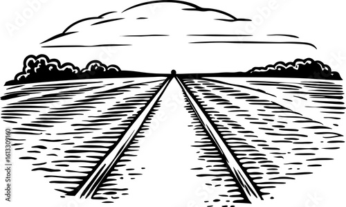 Straight rural railway tracks stretching toward horizon farmland landscape, clouds, open field countryside illustration