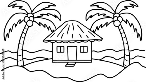 Tropical island beach hut outline palm trees with coconuts, simple house, summer paradise vacation coloring page