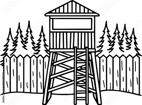 Wooden watchtower with ladder, surrounded by trees and fence forest lookout illustration, outdoors security cabin