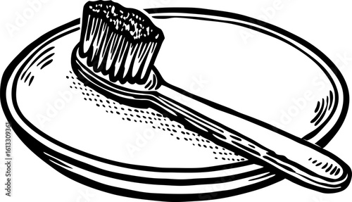 Vintage illustration of toothbrush resting on round dish black and white hand drawn hygiene tool, oral care concept