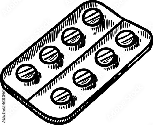 Blister pack of round tablets, hand drawn sketch medicine, pills, oral dosage, healthcare, pharmacy