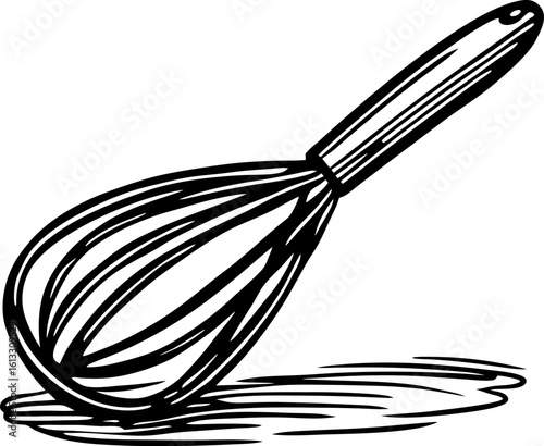 Hand drawn kitchen whisk illustration cooking utensil with handle and wire loops for baking, mixing, and blending ingredients