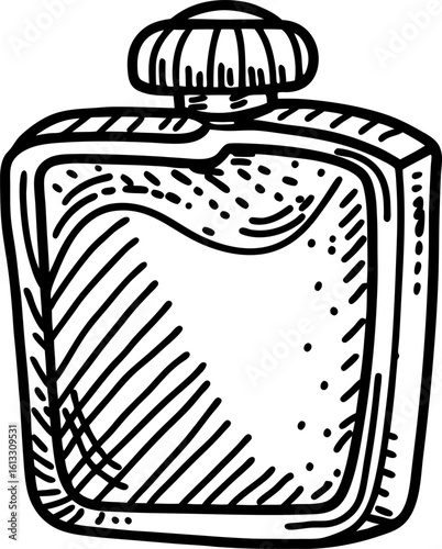 Vintage hip flask illustration hand drawn retro metal container for beverages, classic drinking accessory