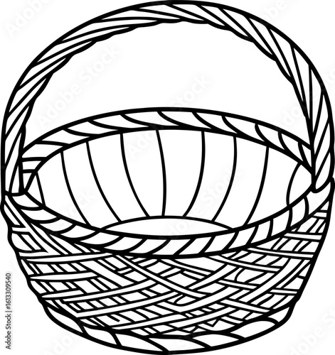 Woven wicker basket with handle, empty design isolated on white rustic container for storage, harvest, picnics