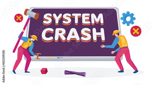 Two workers addressing a system crash issue with tools and gear, near a screen displaying the error message