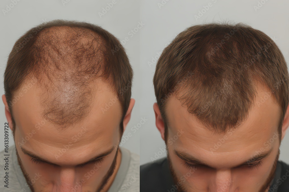 Fototapeta premium Before and after hair restoration transformation showcasing noticeable results in hair density and coverage