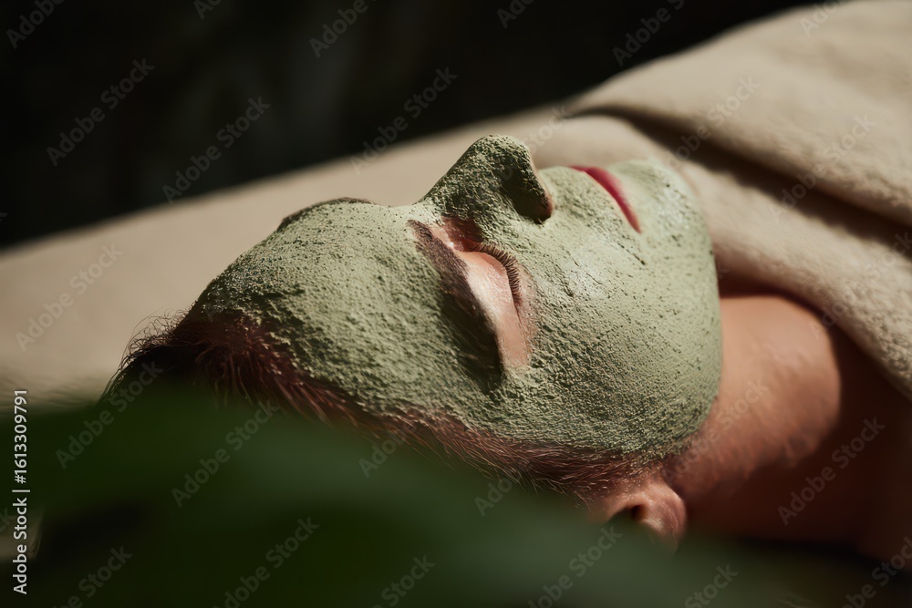 Naklejka premium Enjoying a rejuvenating body mask treatment in a serene natural spa environment for relaxation and beauty enhancement
