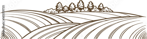 Rolling countryside farmland landscape with trees, plowed fields, agricultural rural nature illustration