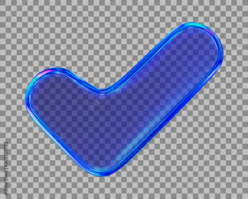 3d glass transparent blue neon check mark icon. Y2k style. Stock vector illustration on isolated background.	