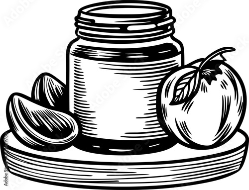 Jar of fruit jam with whole and sliced apple on wooden plate preserved food, healthy homemade spread concept