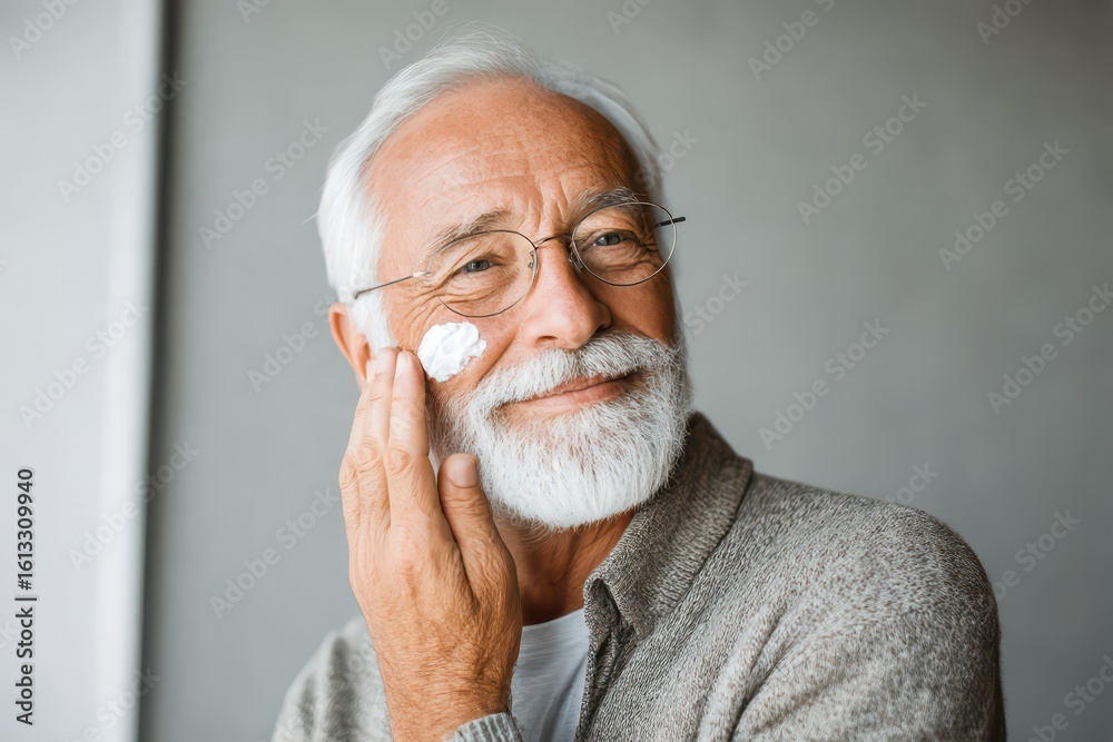 Fototapeta premium Confident man applies skincare cream in a serene beauty salon setting during a relaxing afternoon session focused on self-care and rejuvenation