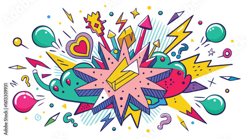 Colorful cartoon illustration featuring arrows lightning bolts balloons question marks and geometric burst elements.