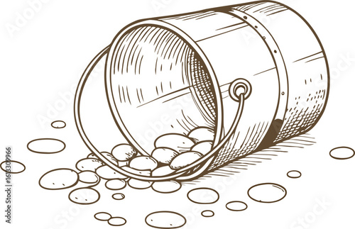 Metal pail tipped over with spilled milk hand drawn rustic container, farmhouse dairy mishap illustration