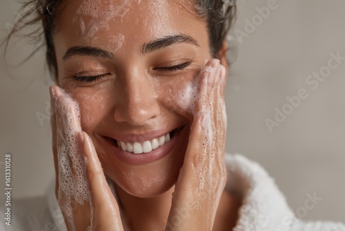 Smiling woman enjoying facial cleansing foam in a relaxing spa setting during a rejuvenating beauty treatment