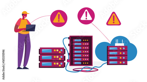 Man with laptop monitoring server racks with warning signs and cloud server infrastructure setup diagram
