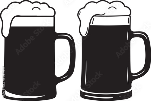 Two dark beer mugs with frothy tops silhouette