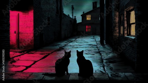 Two cats watching a mysterious alley illuminated by colorful lights at night.