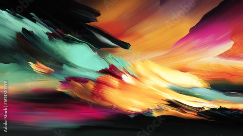 Vibrant abstract artwork with swirling colors and dynamic brush strokes.
