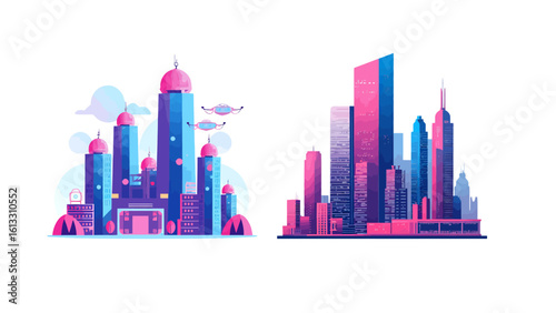 Vibrant cityscape showcasing modern and traditional architecture in blue and pink hues perfect for urban planning or architectural design projects
