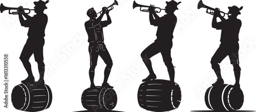 Four musicians playing trumpets on barrels silhouette