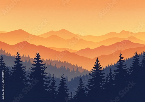 Watercolor Mountain Sunrise – Layered Warm Peaks with Navy Pine Silhouettes in Serene Textured Landscape