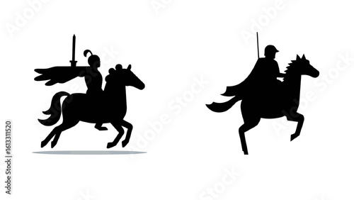 Powerful warrior silhouettes riding horseback, galloping into battle with swords and capes, symbolizing courage and strength, perfect for historical themes