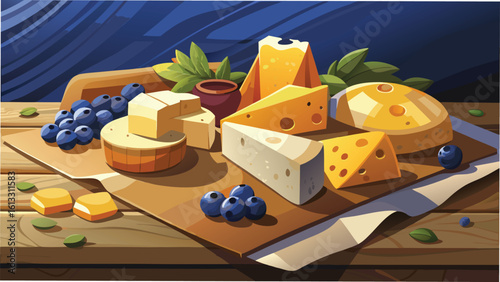 Delicious assortment of cheeses and fresh blueberries arranged on a wooden platter with greenery suitable for culinary designs