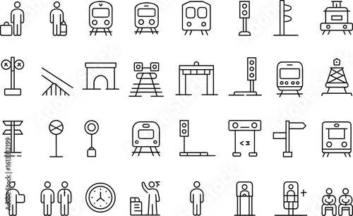 Railway station line icons set, train travel symbols, metro transport signs, passenger elements, minimal stroke design, vector illustration
