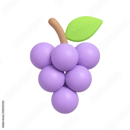 3D Plastic Grapes Icon with Glossy Lilac Berries and Green Leaf on Transparent Background