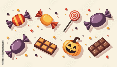 Halloween icons flatlay with pumpkins and spooky decorations