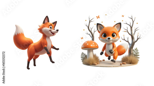 Cute cartoon fox characters in playful outdoor settings perfect for children's books, storytime, and adorable animal-themed projects