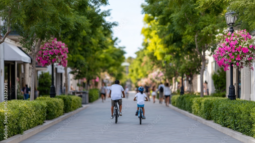custom made wallpaper toronto digitalFamily Biking Down Green Pedestrian Boulevard with Boutique Shops