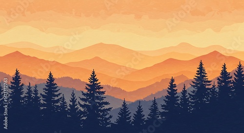 Watercolor Mountain Sunrise – Layered Warm Peaks with Navy Pine Silhouettes in Serene Textured Landscape