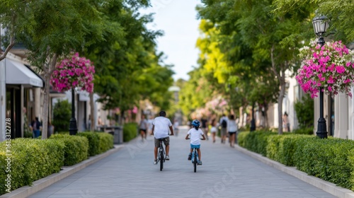 Wallpaper Mural Family Biking Down Green Pedestrian Boulevard with Boutique Shops Torontodigital.ca